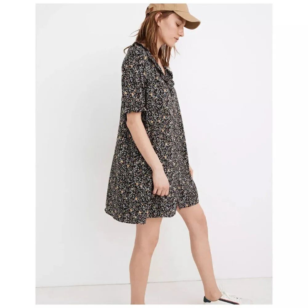 Madewell Ruffle Button Front Trapeze Folkmagic Black Floral Print Dress NA260